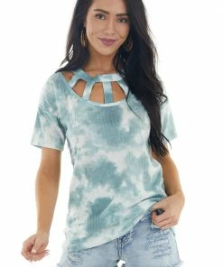 BiBi Juniper Tie Dye Short Sleeve Knit Top With Caged Neckline