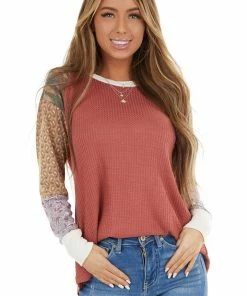 7th Ray Tops Faded Red Waffle Knit Top With Contrast Multiprint Sleeves