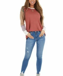 7th Ray Tops Faded Red Waffle Knit Top With Contrast Multiprint Sleeves