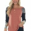 Ces Femme Tops Faded Rust Colorblock Long Raglan Sleeve Top