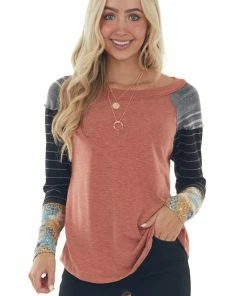 Ces Femme Tops Faded Rust Colorblock Long Raglan Sleeve Top