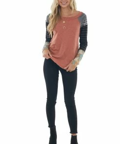 Ces Femme Tops Faded Rust Colorblock Long Raglan Sleeve Top