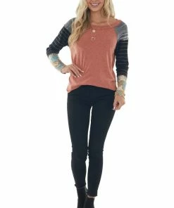 Ces Femme Tops Faded Rust Colorblock Long Raglan Sleeve Top