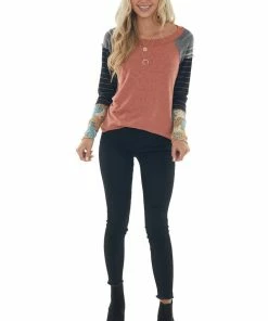 Ces Femme Tops Faded Rust Colorblock Long Raglan Sleeve Top