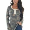 Vanilla Bay Faded Sage Camo Long Sleeve Henley Knit Top Tops
