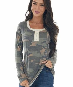 Vanilla Bay Faded Sage Camo Long Sleeve Henley Knit Top Tops