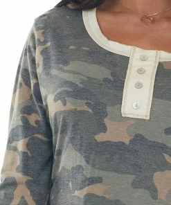 Vanilla Bay Faded Sage Camo Long Sleeve Henley Knit Top Tops