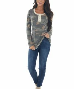 Vanilla Bay Faded Sage Camo Long Sleeve Henley Knit Top Tops