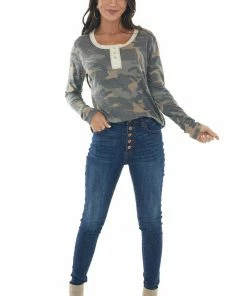 Vanilla Bay Faded Sage Camo Long Sleeve Henley Knit Top Tops