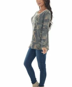 Vanilla Bay Faded Sage Camo Long Sleeve Henley Knit Top Tops