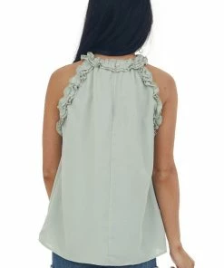 FSL APPAREL Faded Sage Frill Trim Halter Neck Woven Top 12 FSL APPAREL Faded Sage Frill Trim Halter Neck Woven Top