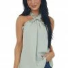 FSL APPAREL Faded Sage Frill Trim Halter Neck Woven Top