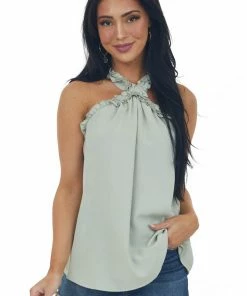 FSL APPAREL Faded Sage Frill Trim Halter Neck Woven Top