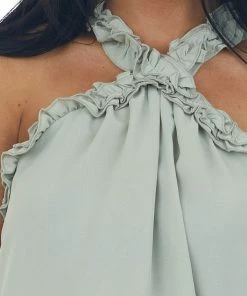 FSL APPAREL Faded Sage Frill Trim Halter Neck Woven Top 13 FSL APPAREL Faded Sage Frill Trim Halter Neck Woven Top