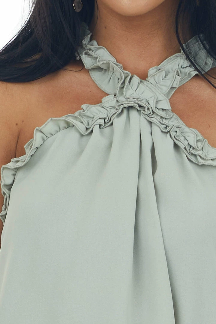 FSL APPAREL Faded Sage Frill Trim Halter Neck Woven Top 8 FSL APPAREL Faded Sage Frill Trim Halter Neck Woven Top