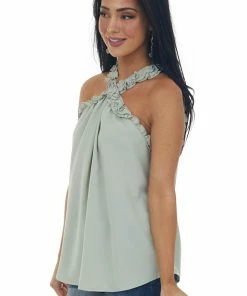 FSL APPAREL Faded Sage Frill Trim Halter Neck Woven Top 11 FSL APPAREL Faded Sage Frill Trim Halter Neck Woven Top