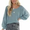 She + Sky Faded Teal Waffle Knit Puff Sleeve Loose Top