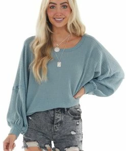 She + Sky Faded Teal Waffle Knit Puff Sleeve Loose Top