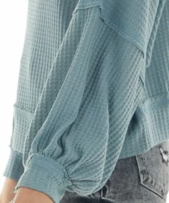 She + Sky Faded Teal Waffle Knit Puff Sleeve Loose Top