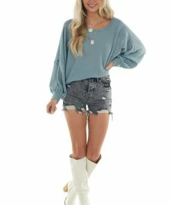 She + Sky Faded Teal Waffle Knit Puff Sleeve Loose Top