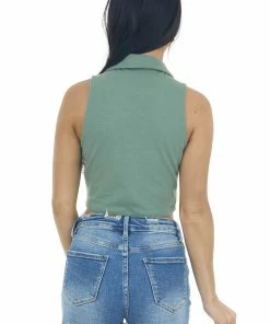 HYFVE Fern Green Collared Sleeveless Knit Crop Top Tops