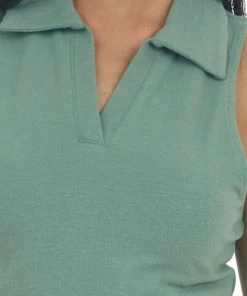 HYFVE Fern Green Collared Sleeveless Knit Crop Top Tops