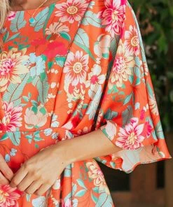 Umgee Tops Fire Floral Kimono Sleeve Peplum Blouse