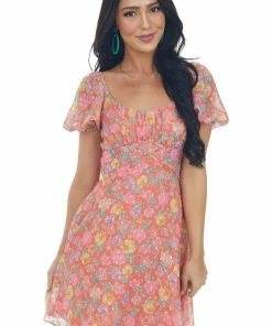 Peach Love Fire Floral Swiss Dot Babydoll Short Dress Dresses