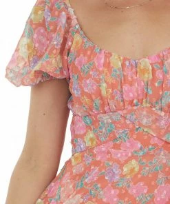 Peach Love Fire Floral Swiss Dot Babydoll Short Dress Dresses