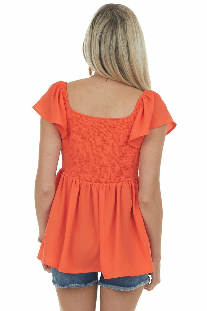 Staccato Fire Orange Babydoll Flutter Sleeve Blouse Tops 7 Staccato Fire Orange Babydoll Flutter Sleeve Blouse Tops