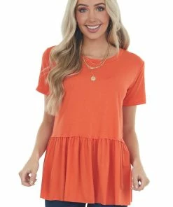 Entro Fire Orange Drop Waist Soft Short Sleeve Top