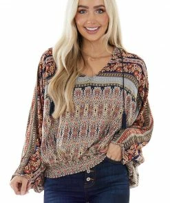 Umgee Tops Fire Orange Printed Flowy Hooded Blouse