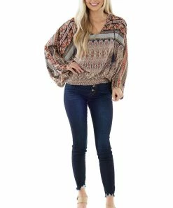 Umgee Tops Fire Orange Printed Flowy Hooded Blouse