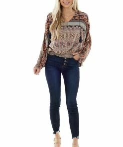 Umgee Tops Fire Orange Printed Flowy Hooded Blouse