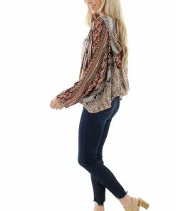 Umgee Tops Fire Orange Printed Flowy Hooded Blouse