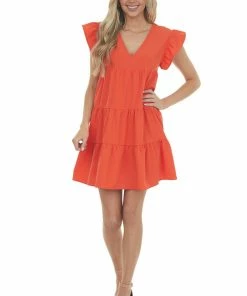 Entro Fire Ruffle Sleeve V Neck Babydoll Tiered Dress Dresses