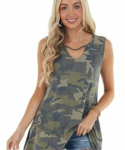 HEIMISH Forest Camo Soft Knit Sleeveless Top With Keyhole Details