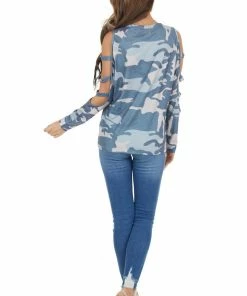 Shiying Fashion Tops Navy Camo Long Ladder Sleeve Stretchy Knit Top