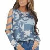Shiying Fashion Tops Navy Camo Long Ladder Sleeve Stretchy Knit Top