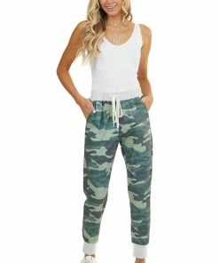 Shiying Fashion Bottoms Forest Green Camo Print Joggers With Drawstrings And Pockets