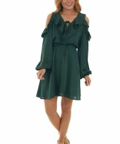 Hailey & Co Dresses Forest Green Cold Shoulder V Neck Short Dress