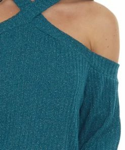 143 Story Forest Green Glittery Halter Cold Shoulder Top Tops