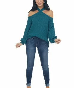 143 Story Forest Green Glittery Halter Cold Shoulder Top Tops