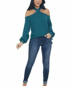 143 Story Forest Green Glittery Halter Cold Shoulder Top Tops