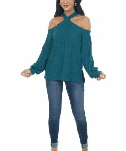 143 Story Forest Green Glittery Halter Cold Shoulder Top Tops