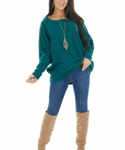 First Love Forest Green Long Dolman Sleeve Top With Raw Edge Detail Tops