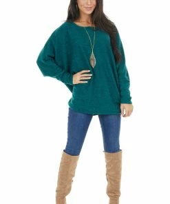 First Love Forest Green Long Dolman Sleeve Top With Raw Edge Detail Tops