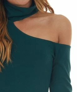 Lush Clothing Forest Green Mock Neck Cold Shoulder Top