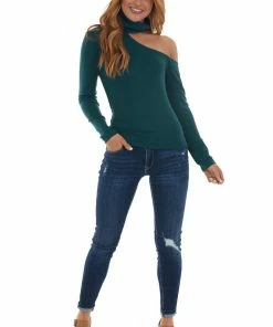 Lush Clothing Forest Green Mock Neck Cold Shoulder Top