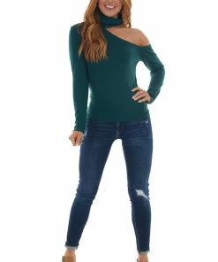 Lush Clothing Forest Green Mock Neck Cold Shoulder Top